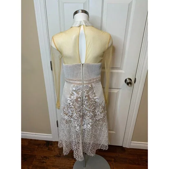 Self-Portrait White Lace Tan Mesh Collared Long Sleeve Fit & Flare Dress, Size 8 - Picture 6 of 8